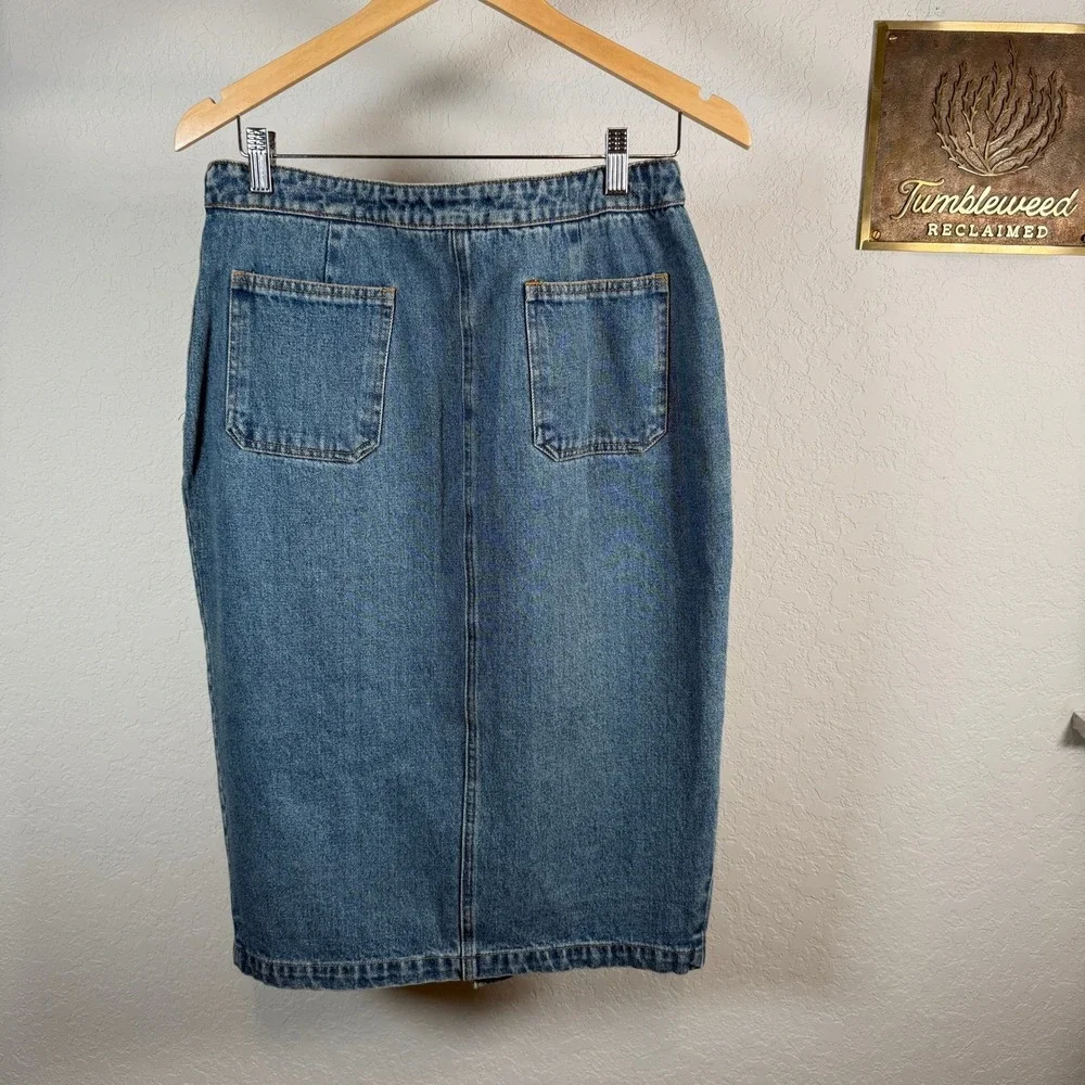 Denim Midi Skirt Embroidered Bird Flowers Blue Jean Pencil Skirt Size‎ L